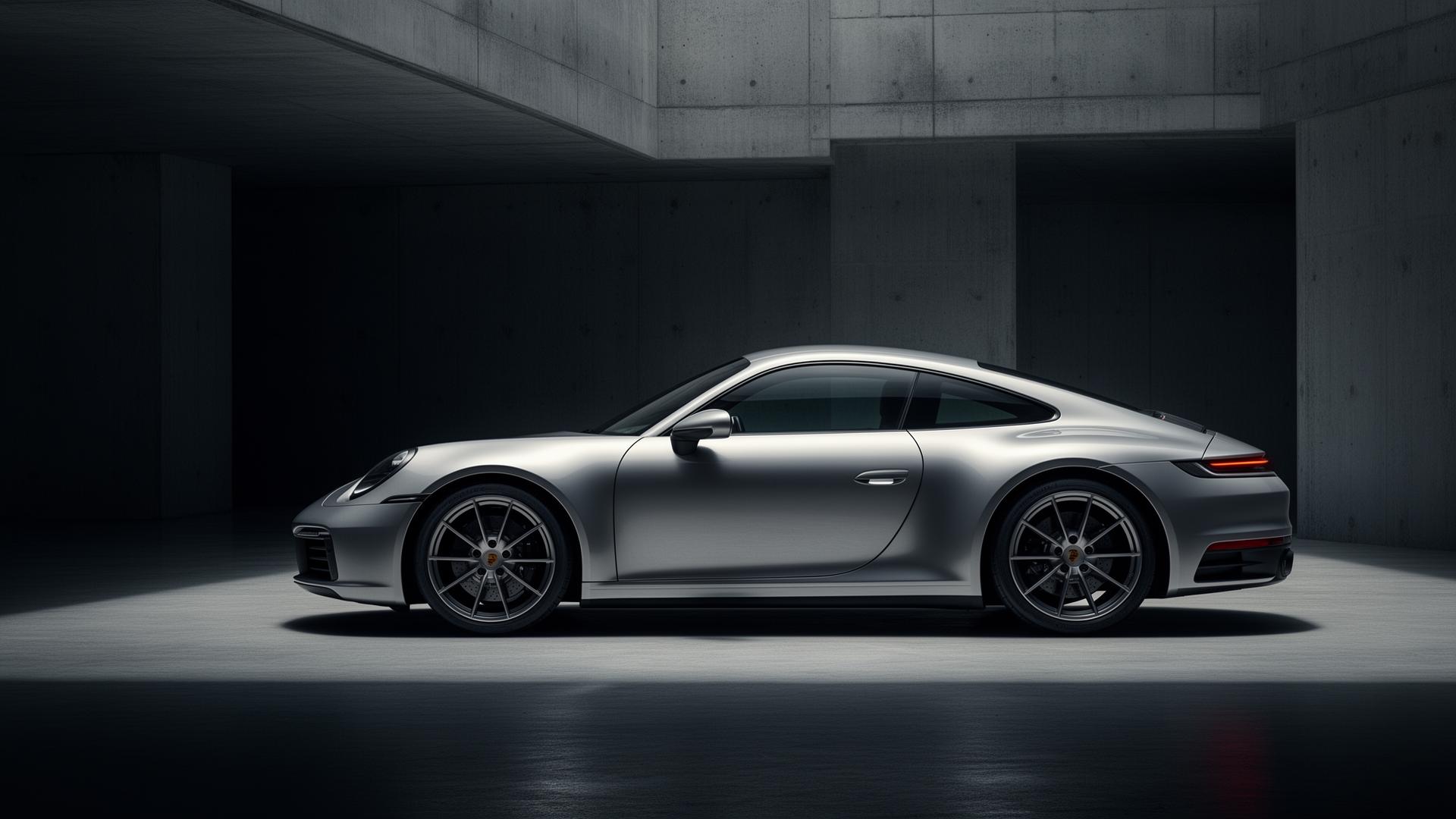 Porsche 911 in a minimalist concrete gallery